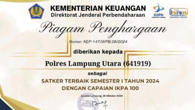 Jadi Satker Terbaik, Polres Lampura Terima Penghargaan Kemenkeu